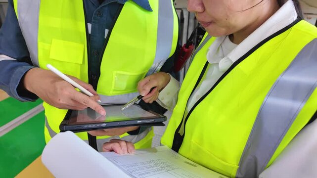 Engineer wearing insulated safety vest working with gas switchgear using digital tablet blueprint ensuring safety and operational efficiency in industrial technology environment collaboration
