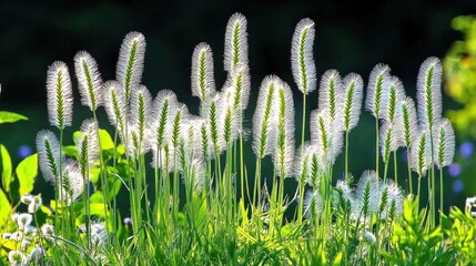 Lush Green Field with Soft White Flowering Grasses at Sunset in Vibrant Natural Setting