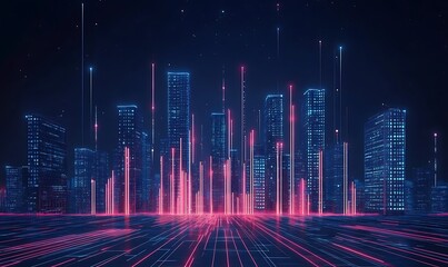 Fototapeta premium Futuristic Digital Cityscape with Neon Glowing Lines and High-Tech Circuit Board Elements in Cyber Space