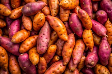 A vibrant pile of sweet potatoes and yams creates a colorful and nutritious display of earthy goodness