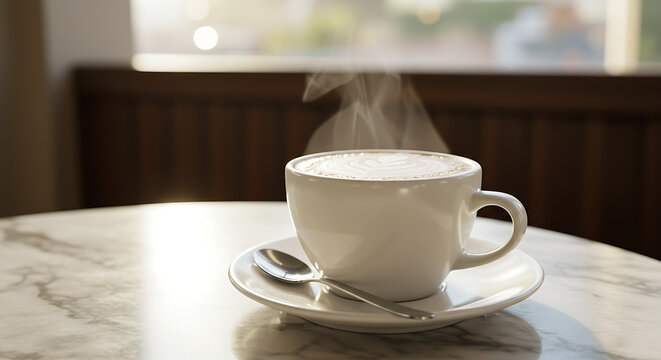 A warm cup of London Fog tea latte with visible steam, placed on a ceramic saucer with a small spoon, on a marble café table with soft morning lighting - Powered by Adobe