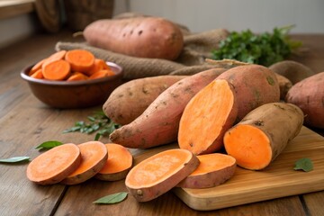 A group of fresh sweet potatoes arranged on a wooden table with some sliced and ready to be cooked