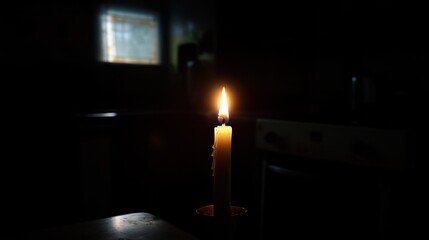 Candle Flame Illuminating Dark Kitchen Space with Soft Glow and Mysterious Atmosphere at Night