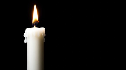 Elegant White Candle Flame Burning Brightly Against a Black Background with Dripping Wax Detail