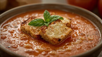 Close up of tomato soup in a bowl with grilled cheese croutons and fresh basil garnish on top