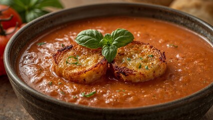 A bowl of tomato soup garnished with basil leaves and toasted bread slices served on a rustic table