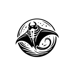 Stylized Black Manta Ray with Tribal Fins and Circular Design.
