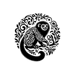Stylized Black Monkey with Intricate Swirls and Floral Elements.