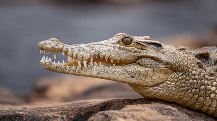 Fototapeta premium Close up of a crocodile head showing its teeth and detailed skin texture on rock