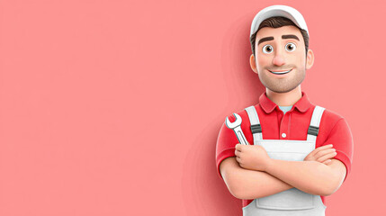 Worker cartoon, Friendly cartoon mechanic with a wrench and a confident smile against a pink background.