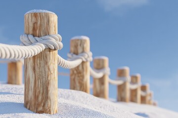 Naklejka premium Snowy wooden posts with rope