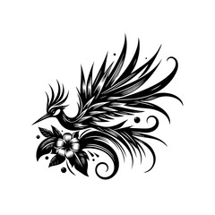 Stylized Black Phoenix with Floral Embellishments and Swirls.
