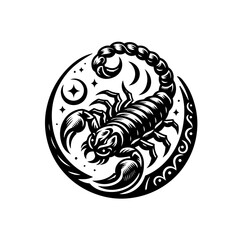 Stylized Black Scorpion with Crescent Moon and Stars Emblem.