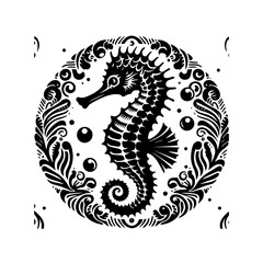 Stylized Black Seahorse Silhouette with Ornate Circular Border and Bubbles.