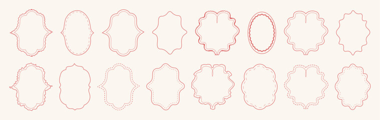 Vintage hand drawn coquette frames. Cute pink red minimalist line art borders. Trendy vintage whimsical borders for wedding invitations, birthday card, prints. Vector modern illustration.