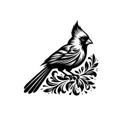 Stylized Black Silhouette of a Cardinal Perched on Ornate Foliage.