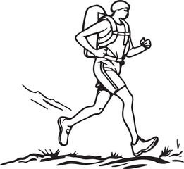 Line Art Of A Running Hiker With Backpack On Grassy Terrain In Black And White Style
