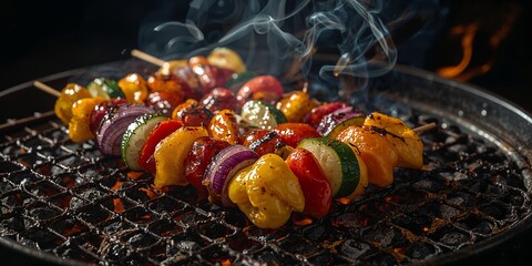 Grilled vegetable skewers with red onions and bell peppers on a barbecue with smoke rising up
