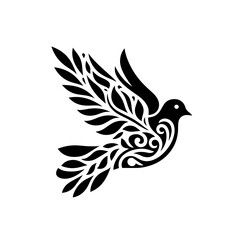 Stylized Black Silhouette of a Dove with Ornate Wings in Flight.