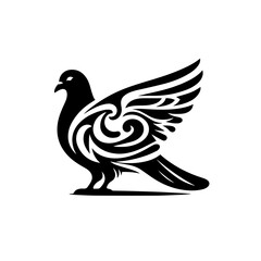 Stylized Black Silhouette of a Dove with Ornate Tribal Wing Patterns.