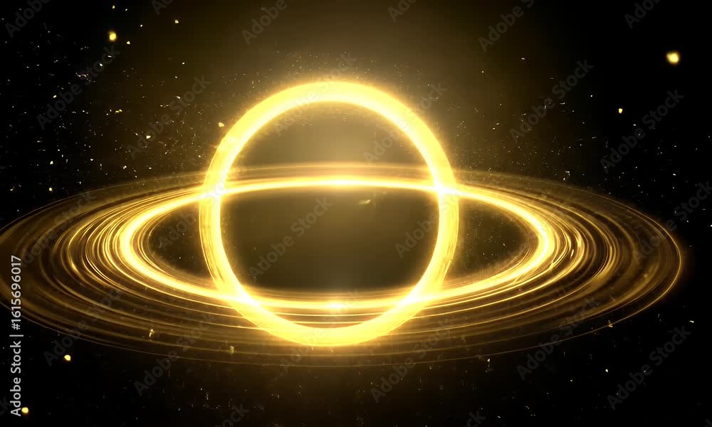 Poster abstract animated golden ring with sparkling particles and glowing light on dark background