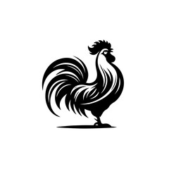 Stylized Black Silhouette of a Majestic Rooster with Flowing Tail Feathers.