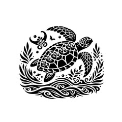 Stylized Black Silhouette of a Sea Turtle Swimming Gracefully Amidst Oceanic Flora. © Arif