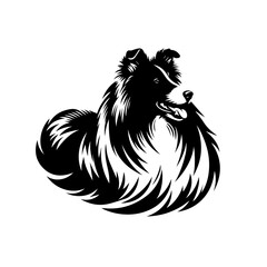 Stylized Black Silhouette of a Shetland Sheepdog with Flowing Fur.