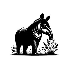 Stylized Black Silhouette of a Tapir Amidst Foliage.