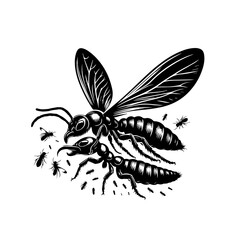 Stylized Black Silhouette of a Wasp and Ants in Dynamic Composition.