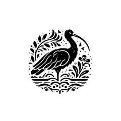 Stylized Black Silhouette of an Ibis Bird with Decorative Foliage.