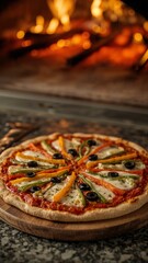 A vibrant pizza with colorful bell peppers and olives on a wooden board near a blazing oven fire