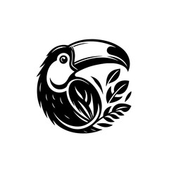Stylized Black Toucan Bird with Tropical Leaves Emblem.