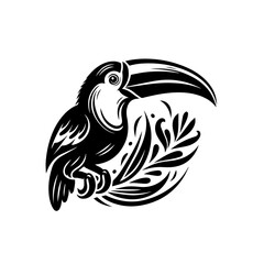 Stylized Black Toucan with Large Beak and Floral Elements.