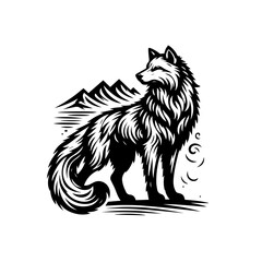 Stylized Black Wolf with Mountain Silhouette and Swirls.