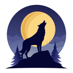 Silhouette of a wolf howling at the moon in a forest landscape isolated on white background