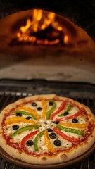 A delicious pizza with colorful bell peppers and black olives baking in a wood fired pizza oven