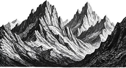 Monochrome Illustration Of Mountains And Peaks With Transparent Background PNG