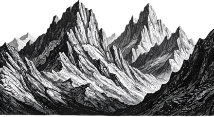 Monochrome Illustration Of Mountains And Peaks With Transparent Background PNG