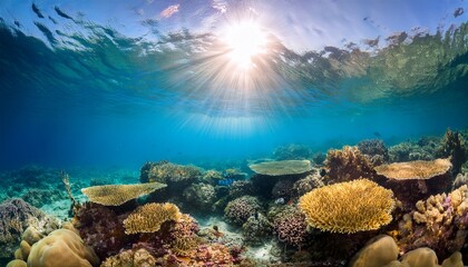 sunlight penetrates clear ocean water illuminating a vibrant coral reef beneath the tranquil sea surface