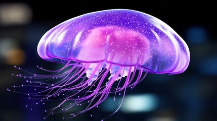 Glowing Purple Jellyfish with Bioluminescent Tentacles in a Dark Oceanic Background