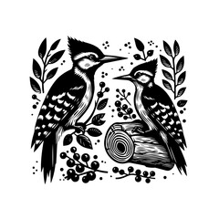 Two Woodpeckers Perched on Branches with Berries and Log.