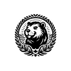 Whimsical Groundhog Emblem with Laurel Wreath and Canadian Maple Leaf.