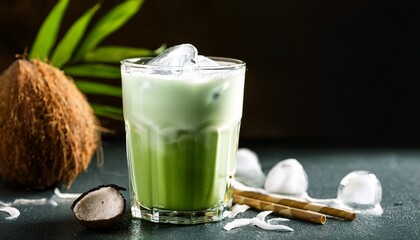 iced matcha with coconut milk in a transparent glass