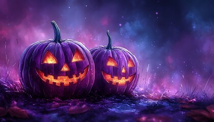 Two purple jack o lanterns glowing with orange light on a dark purple ground halloween