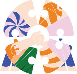 Four diverse puzzle pieces connect with hands shaking in the center symbolizing unity and teamwork isolated on transparent background