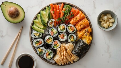 A platter of sushi rolls with avocado, salmon, carrots, and other ingredients on a white surface