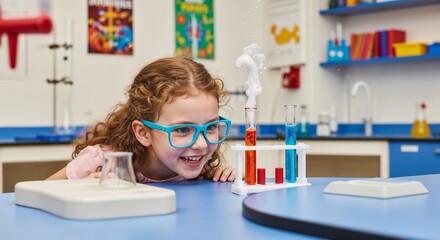 Little girl science experiment shows chemical reaction with lab equipment in science lab. Little girl science experiment shows how education and curiosity drives interest and engagement.