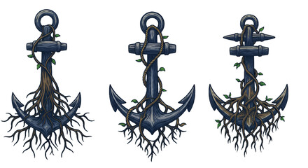 Pixel Art Illustration Of Anchors With Vines And Roots On Black Background