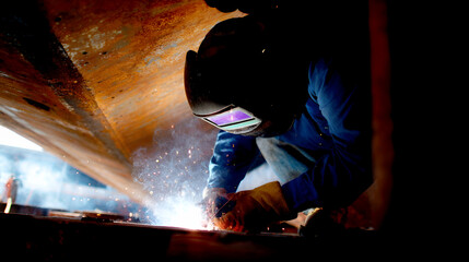 Professional Welder Wearing Mask Welding Metal with Bright Sparks in Dark Setting